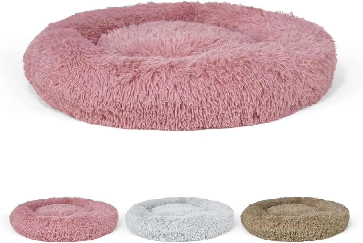 24/30 Inch Calming Donut Pet Bed for Small/Medium Cats and Dogs, Anti-Slip Bottom, Washable, Anti-Anxiety Fluffy Round Cat Bed, Indoor Shaggy Cuddler Cotton Candy Brown, Light Gray, Pink Bed