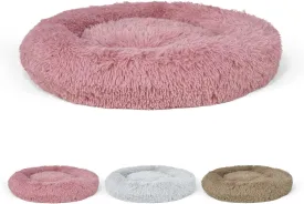 24/30 Inch Calming Donut Pet Bed for Small/Medium Cats and Dogs, Anti-Slip Bottom, Washable, Anti-Anxiety Fluffy Round Cat Bed, Indoor Shaggy Cuddler Cotton Candy Brown, Light Gray, Pink Bed