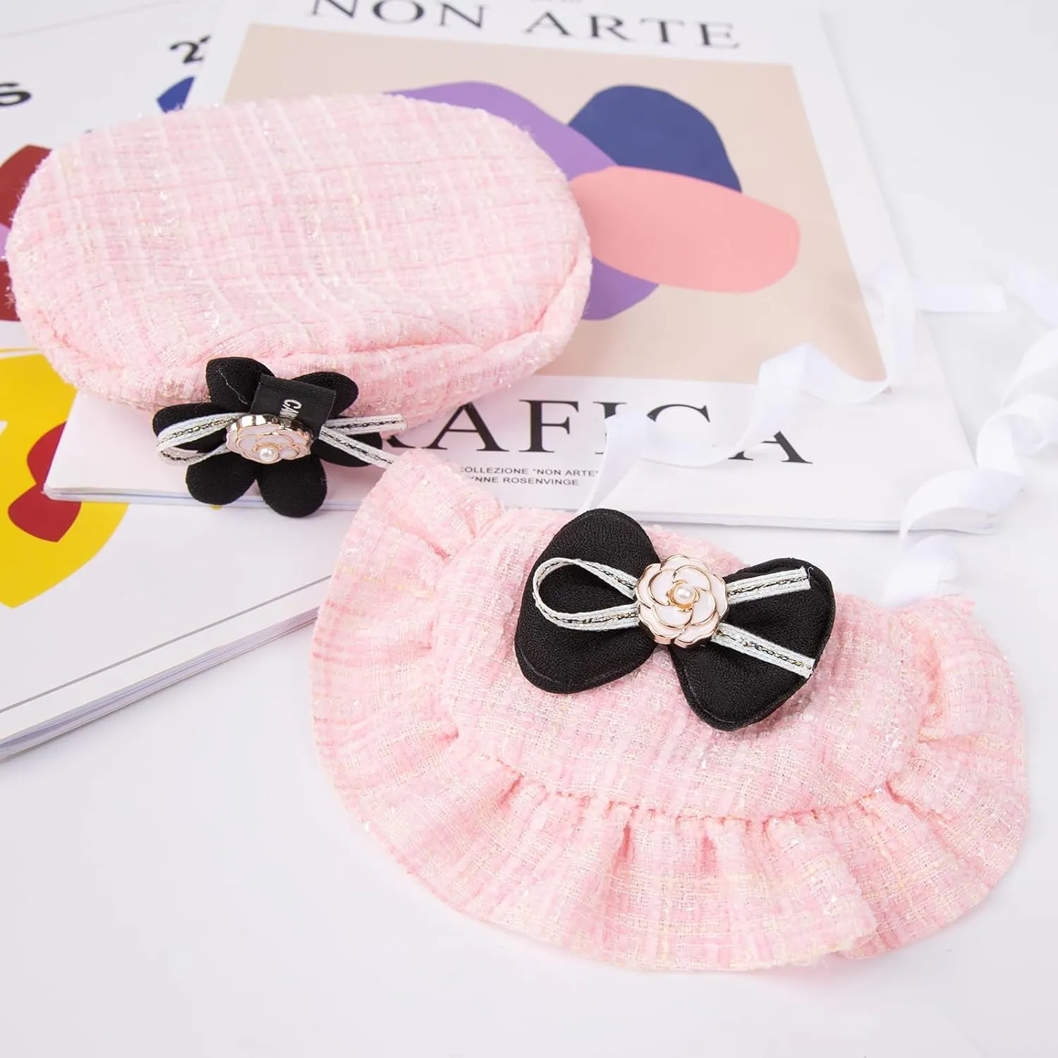 2PCS Cat Beret Hat with Camellia, Adjustable Bow Bandana Scarf Set Pet Princess Costume for Halloween Christmas, Cat Dog Birthday Party Apparel (Camellia)