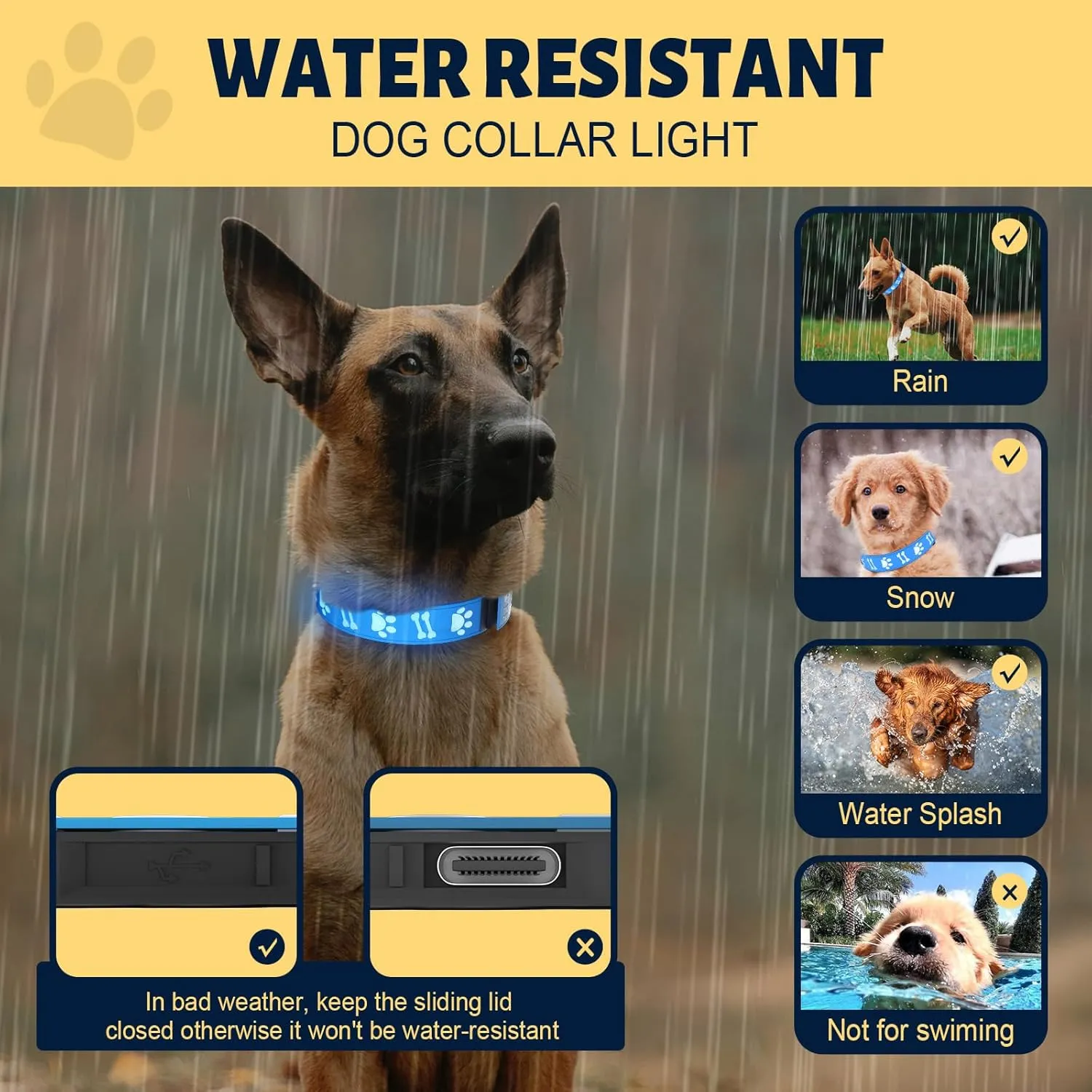 3D Design LED Dog Collar, Adjustable Light USB Rechargeable Night Walk Safety Collar for Medium Dogs, Blue