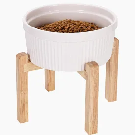 64 oz Raised Dog Bowls with Wooden Stand, Ceramic Pet Food Bowl for Medium Large Breed (White)