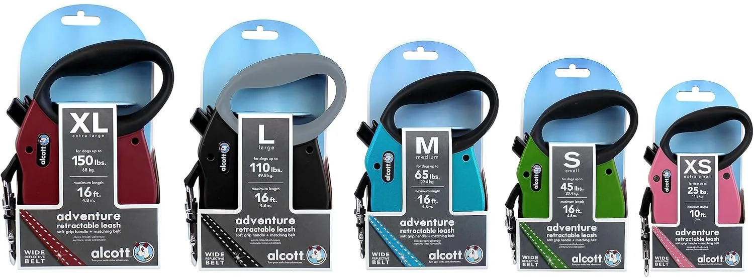 Alcott Adventure Retractable Reflective Belt Leash, 16' Long, Small for Dogs Up to 45 lbs, Red with Black Soft Grip Handle,RLSH AA SM RD