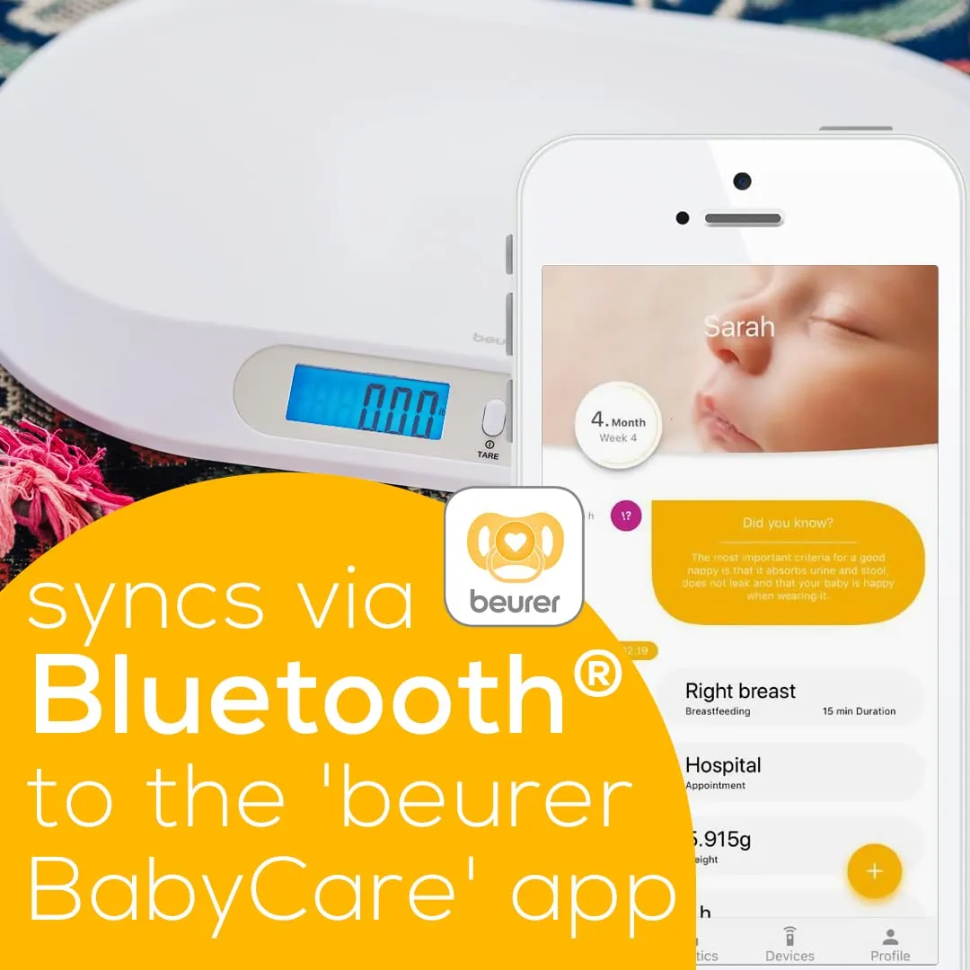 Beurer BY90 Baby Scale, Pet Scale, Digital, with Measuring Tape, tracking weight with App | For: Infant, Newborn, Toddler /Puppy, Cat - Animals | LCD Display, weighs Lbs/Kg/Oz Highly accurate