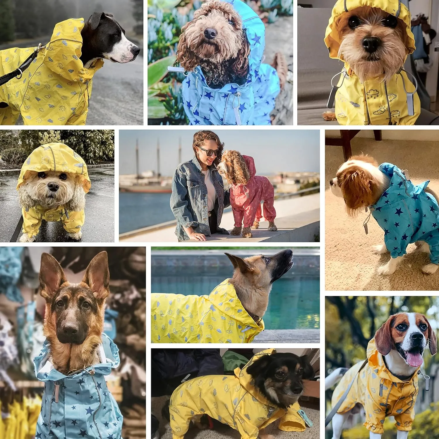 Blueberry Pet 14" Reflective Cloud Prints Lightweight Waterproof Dog Raincoat with Hood & Harness Hole, Sunflower Yellow, Outdoor Rain Gear Jacket 2 Legs for Dogs