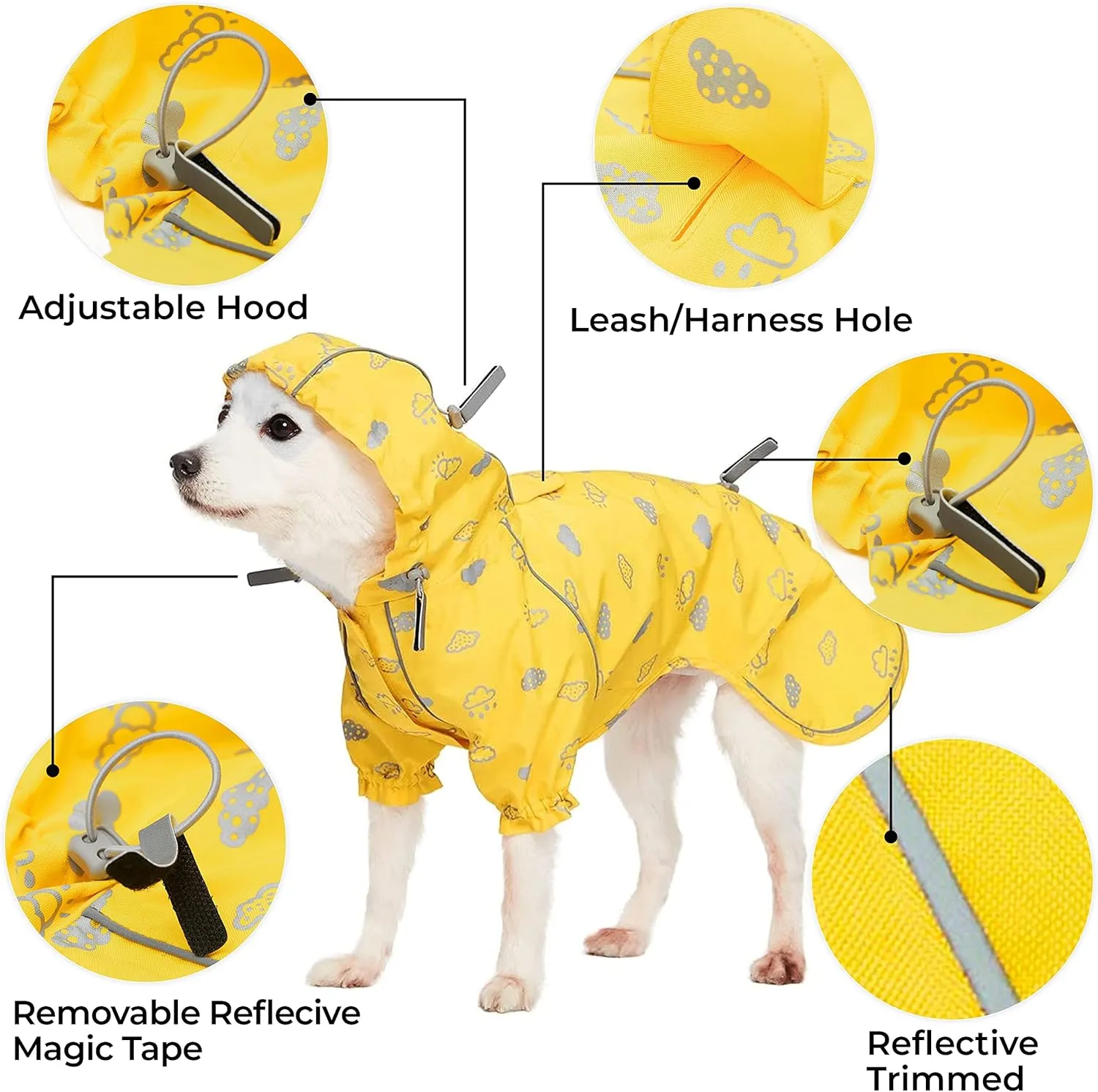 Blueberry Pet 14" Reflective Cloud Prints Lightweight Waterproof Dog Raincoat with Hood & Harness Hole, Sunflower Yellow, Outdoor Rain Gear Jacket 2 Legs for Dogs