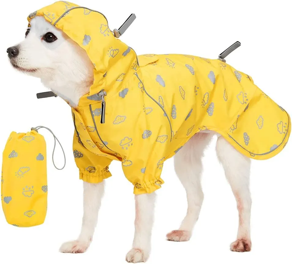 Blueberry Pet 14" Reflective Cloud Prints Lightweight Waterproof Dog Raincoat with Hood & Harness Hole, Sunflower Yellow, Outdoor Rain Gear Jacket 2 Legs for Dogs