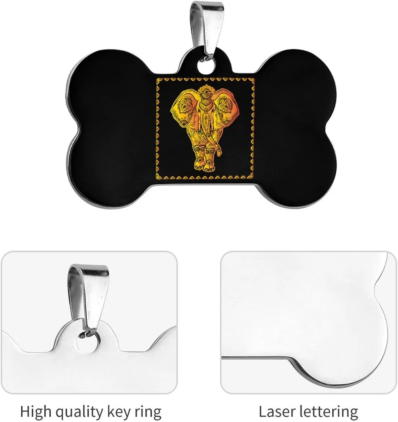 Bohemian Elephant Stainless Steel Pet ID Tags Personalized Dog and Cat Tags Cute Collar Tags Bone Shape