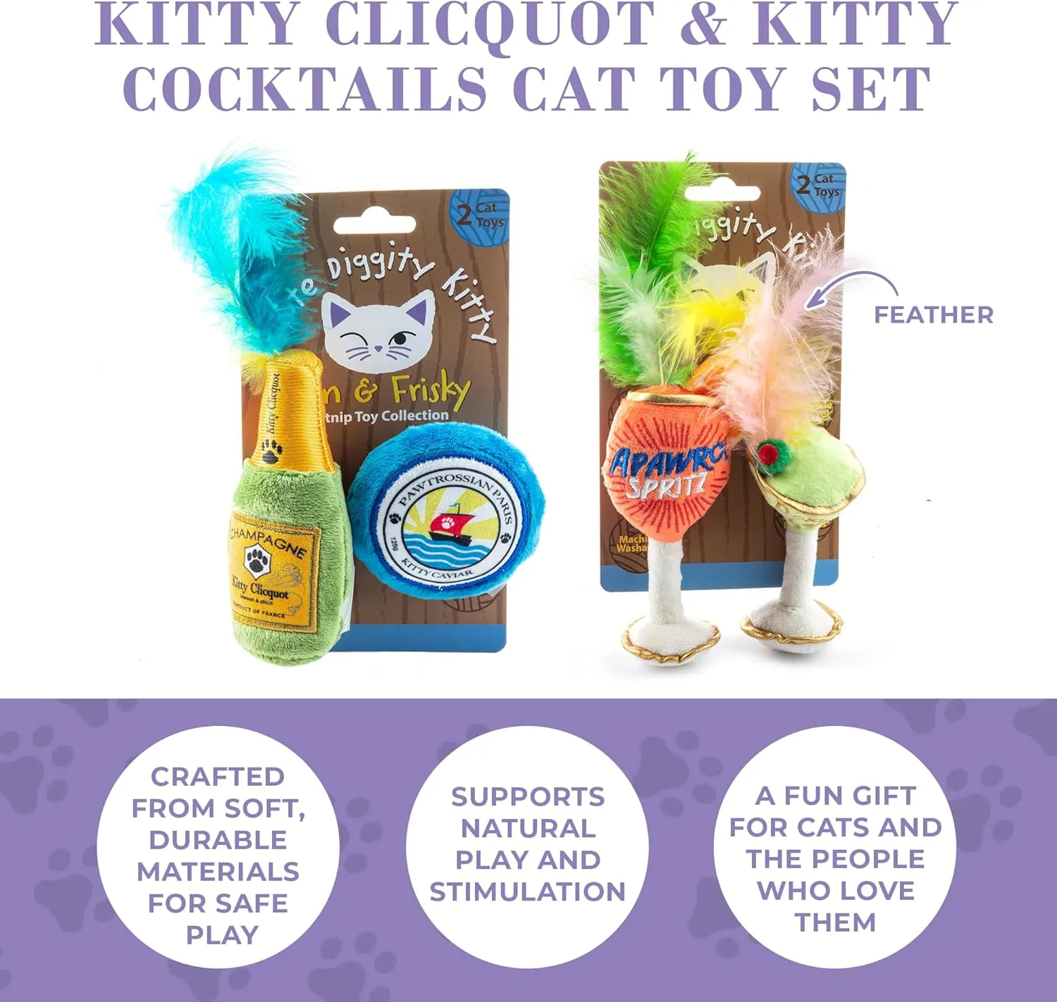Clicquot Champagne & Caviar   Kitty Cocktails Apawrol Spritz & Cattini Set, Plush Cat Toys Catnip Filled with Interactive Crackle Sound, Safe, Durable Toys for Cat & Kitten, 4 Pcs