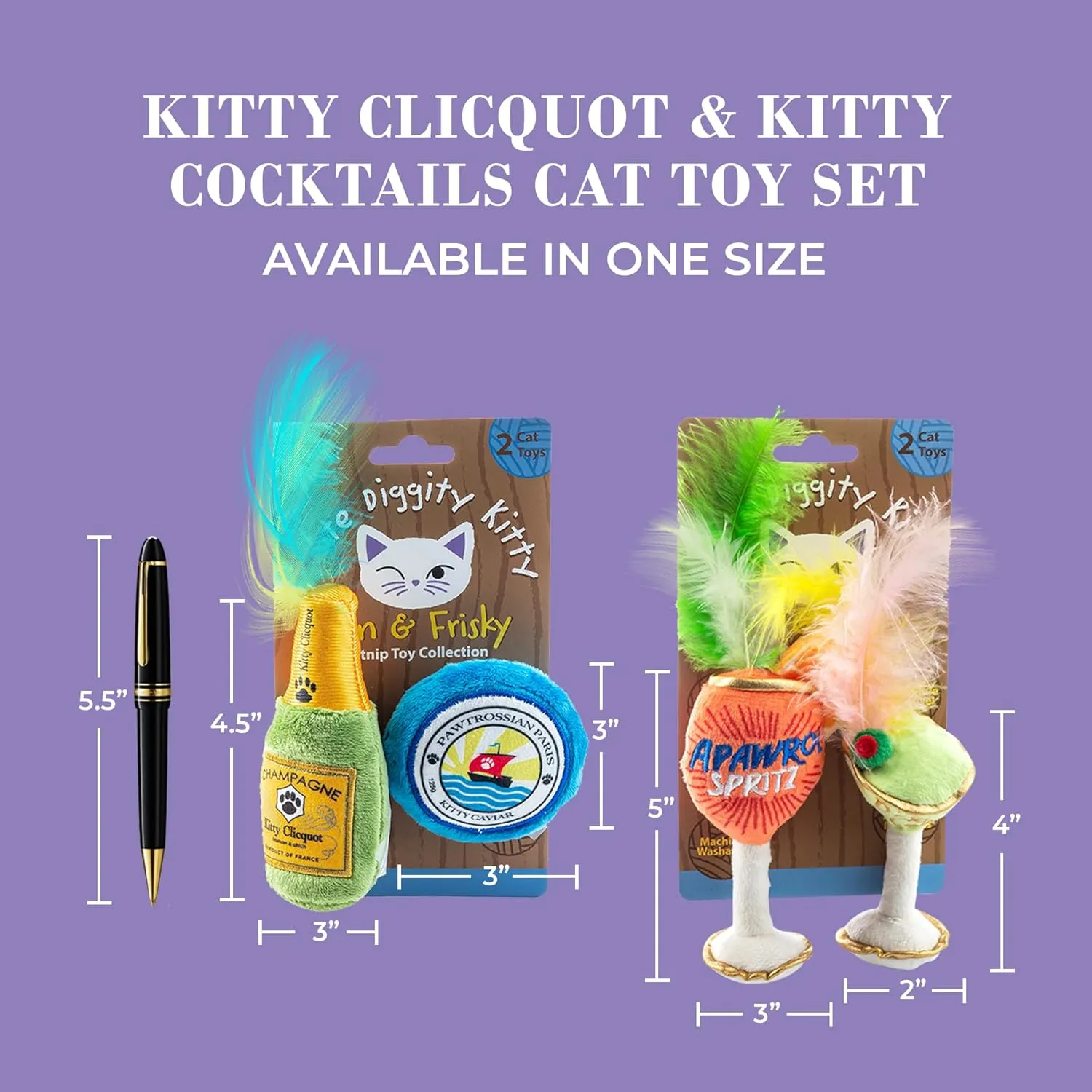 Clicquot Champagne & Caviar   Kitty Cocktails Apawrol Spritz & Cattini Set, Plush Cat Toys Catnip Filled with Interactive Crackle Sound, Safe, Durable Toys for Cat & Kitten, 4 Pcs