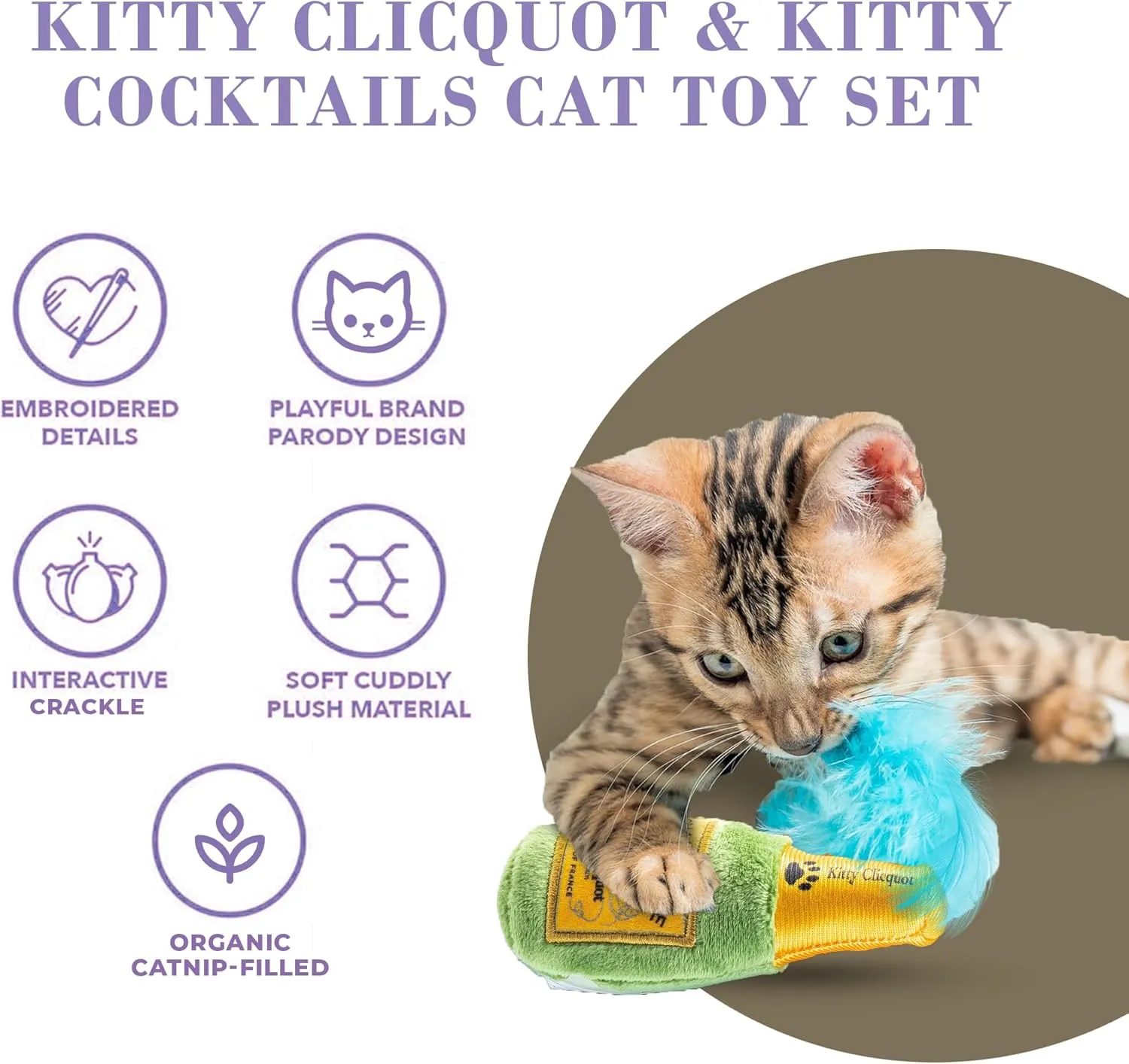 Clicquot Champagne & Caviar   Kitty Cocktails Apawrol Spritz & Cattini Set, Plush Cat Toys Catnip Filled with Interactive Crackle Sound, Safe, Durable Toys for Cat & Kitten, 4 Pcs