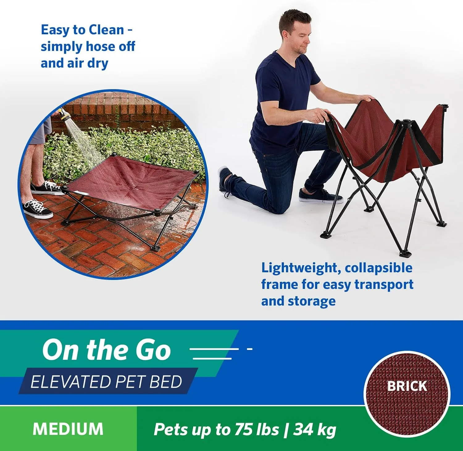 Coolaroo On-The-Go Elevated Dog Bed - Foldable Pop-Up Travel Dog Bed with Breathable, Moisture-Resistant Fabric, Carry Bag Included, Lightweight & Portable, Brick, Medium