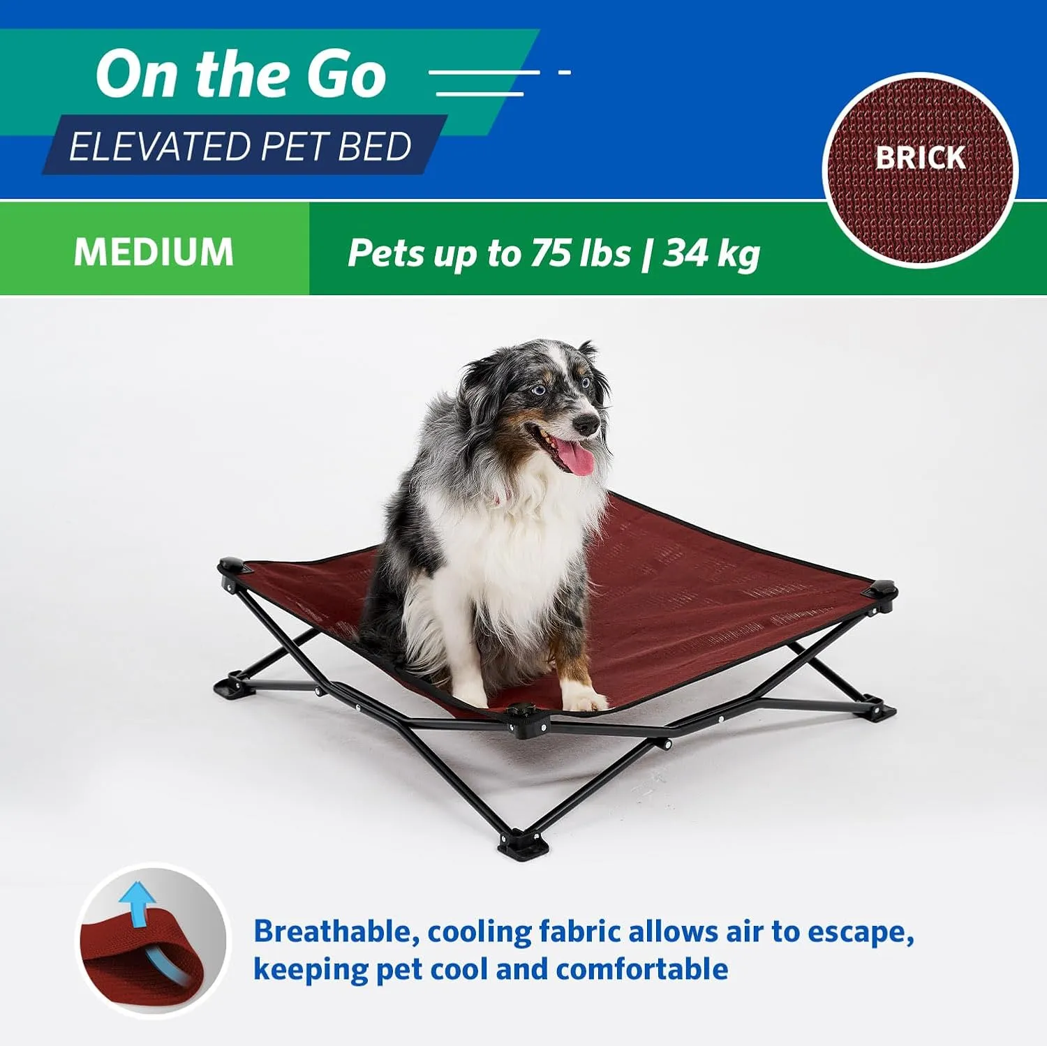 Coolaroo On-The-Go Elevated Dog Bed - Foldable Pop-Up Travel Dog Bed with Breathable, Moisture-Resistant Fabric, Carry Bag Included, Lightweight & Portable, Brick, Medium