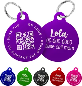 Custom QR Code Smart Pet Tag ID, Round Aluminum Lightweight Engraved and Scannable Lost and Found ID Tag for Collars and Harnesses for Puppies and Cats