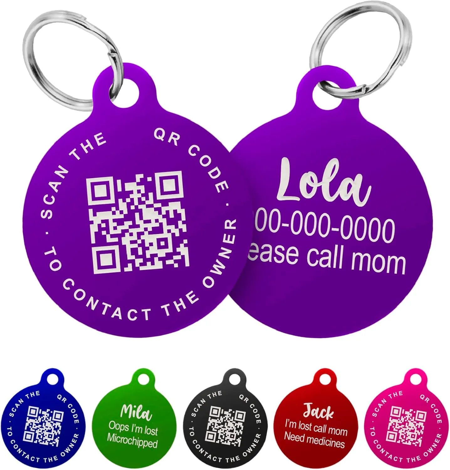 Custom QR Code Smart Pet Tag ID, Round Aluminum Lightweight Engraved and Scannable Lost and Found ID Tag for Collars and Harnesses for Puppies and Cats