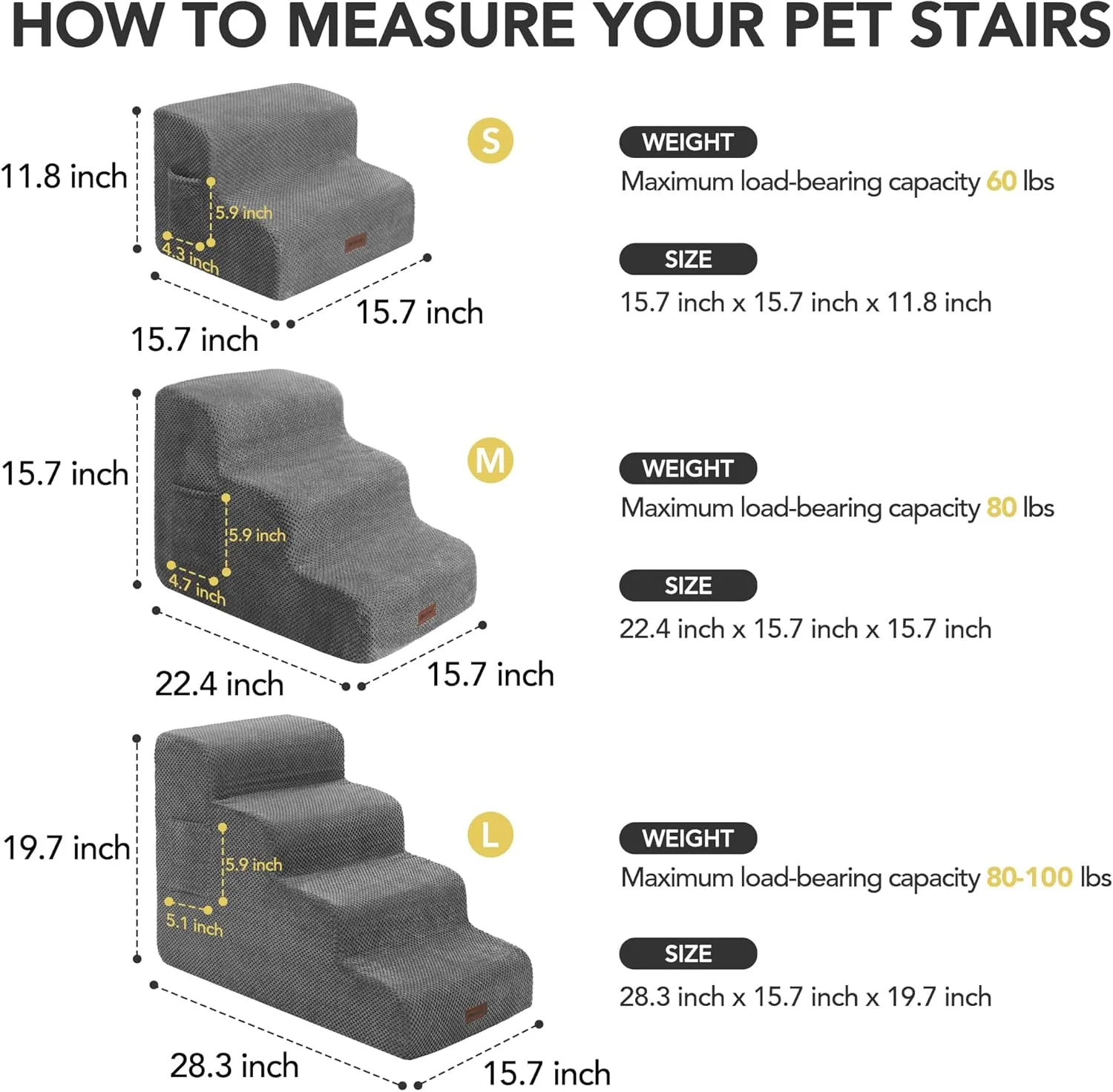 Deconovo Pet Stairs for Small & Elderly Dogs Cats 3-Step Dog Ramp Non-Slip Surface, Soft Washable Cover, Portable for Couch & Bed Use Ideal for Senior Pets, Compact Storage Friendly, 15.7" H Ash Gray