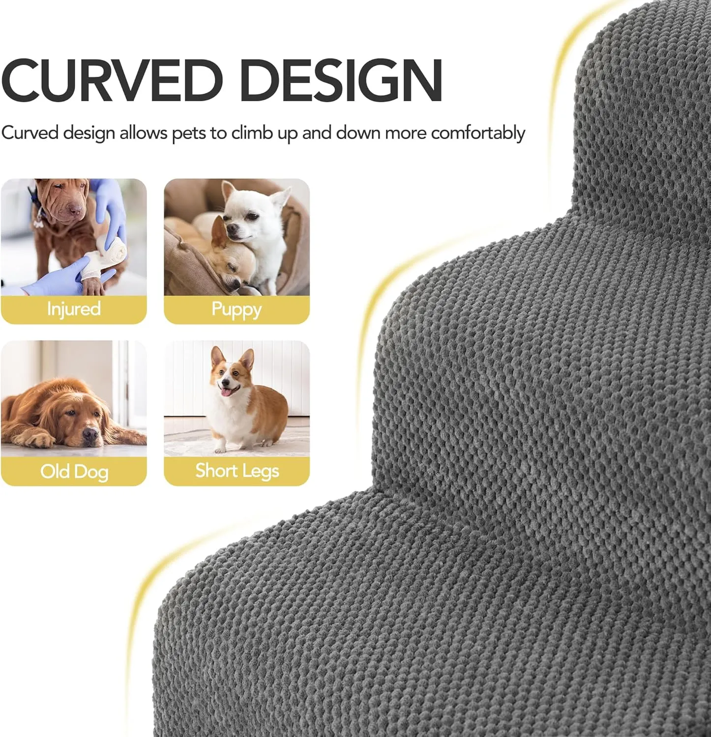 Deconovo Pet Stairs for Small & Elderly Dogs Cats 3-Step Dog Ramp Non-Slip Surface, Soft Washable Cover, Portable for Couch & Bed Use Ideal for Senior Pets, Compact Storage Friendly, 15.7" H Ash Gray