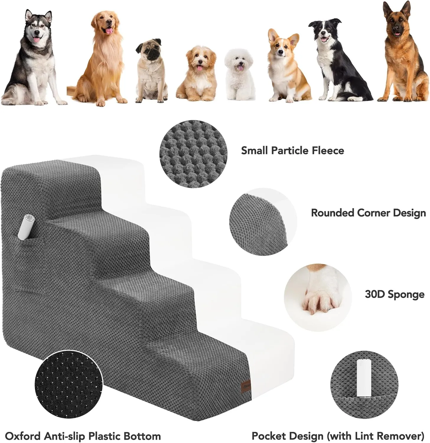 Deconovo Pet Stairs for Small & Elderly Dogs Cats 3-Step Dog Ramp Non-Slip Surface, Soft Washable Cover, Portable for Couch & Bed Use Ideal for Senior Pets, Compact Storage Friendly, 15.7" H Ash Gray