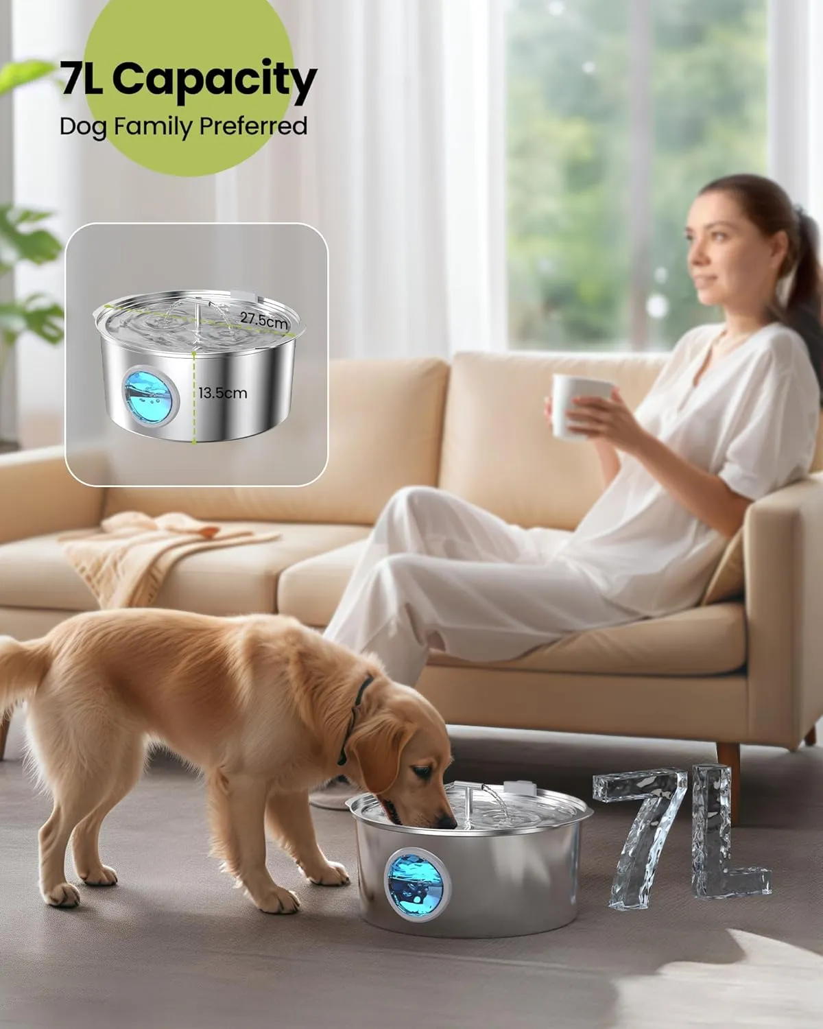 Dog Water Fountain for Large Dogs: 1.8Gal/7L Stainless Steel Dog fountains - Quiet Automatic pet Drinking Dispenser Indoor - Multiple Cats Watering Fountains for Pets Big Metal Bowls for Cats and Dogs