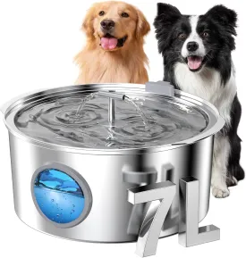 Dog Water Fountain for Large Dogs: 1.8Gal/7L Stainless Steel Dog fountains - Quiet Automatic pet Drinking Dispenser Indoor - Multiple Cats Watering Fountains for Pets Big Metal Bowls for Cats and Dogs