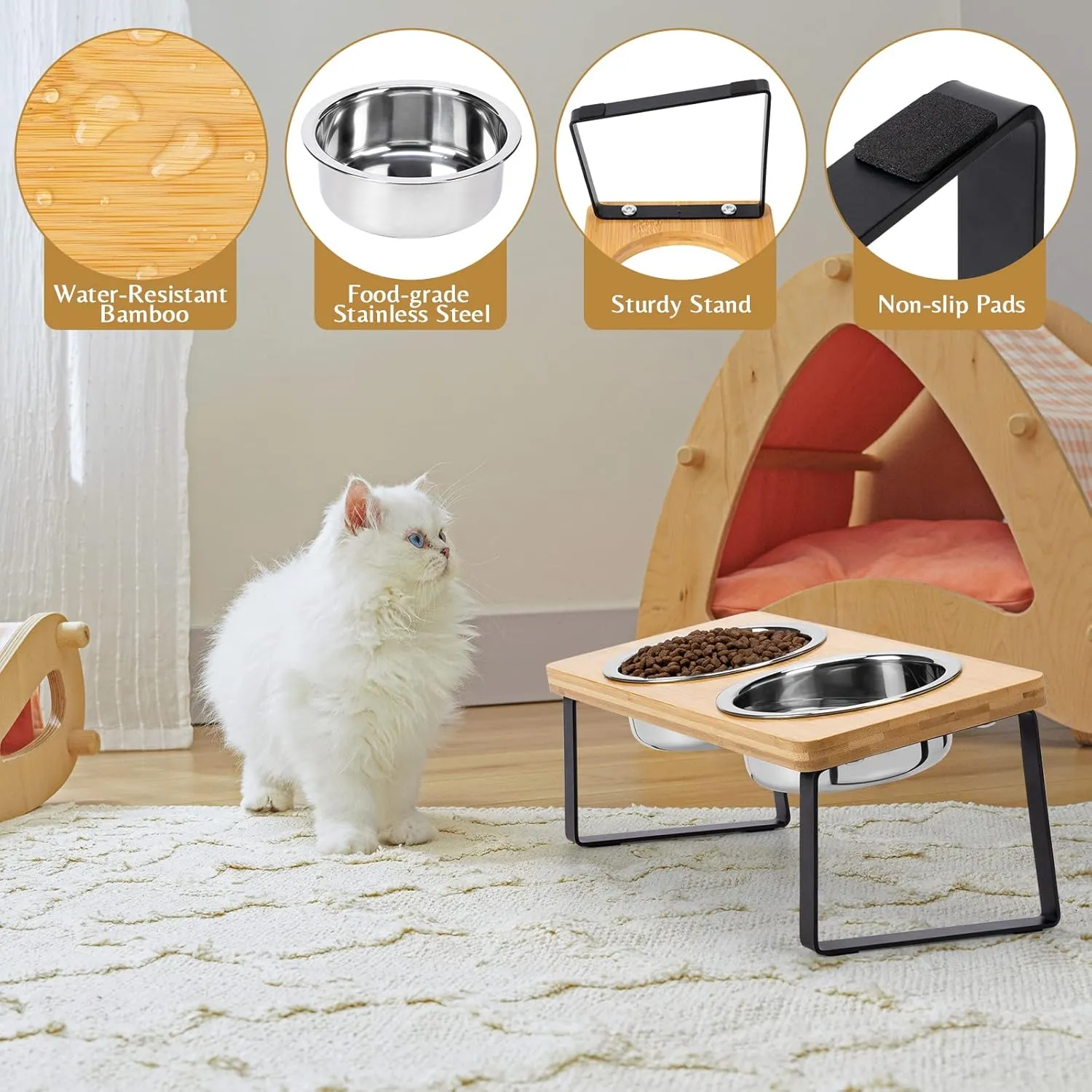 Elevated Cat Bowls for Food and Water - Loplurea 15 Tilted Raised Stainless Steel Cat Food Bowl with Bamboo Stand and Anti Vomit Feeding Station for Indoor Cats and Pet