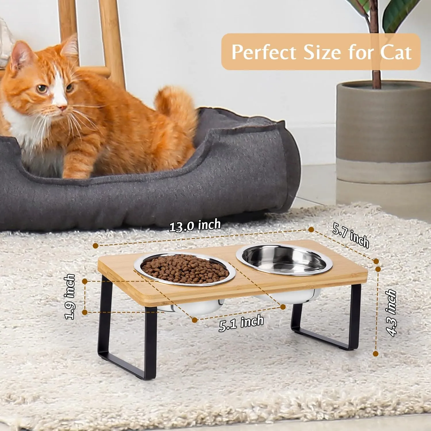 Elevated Cat Bowls for Food and Water - Loplurea 15 Tilted Raised Stainless Steel Cat Food Bowl with Bamboo Stand and Anti Vomit Feeding Station for Indoor Cats and Pet