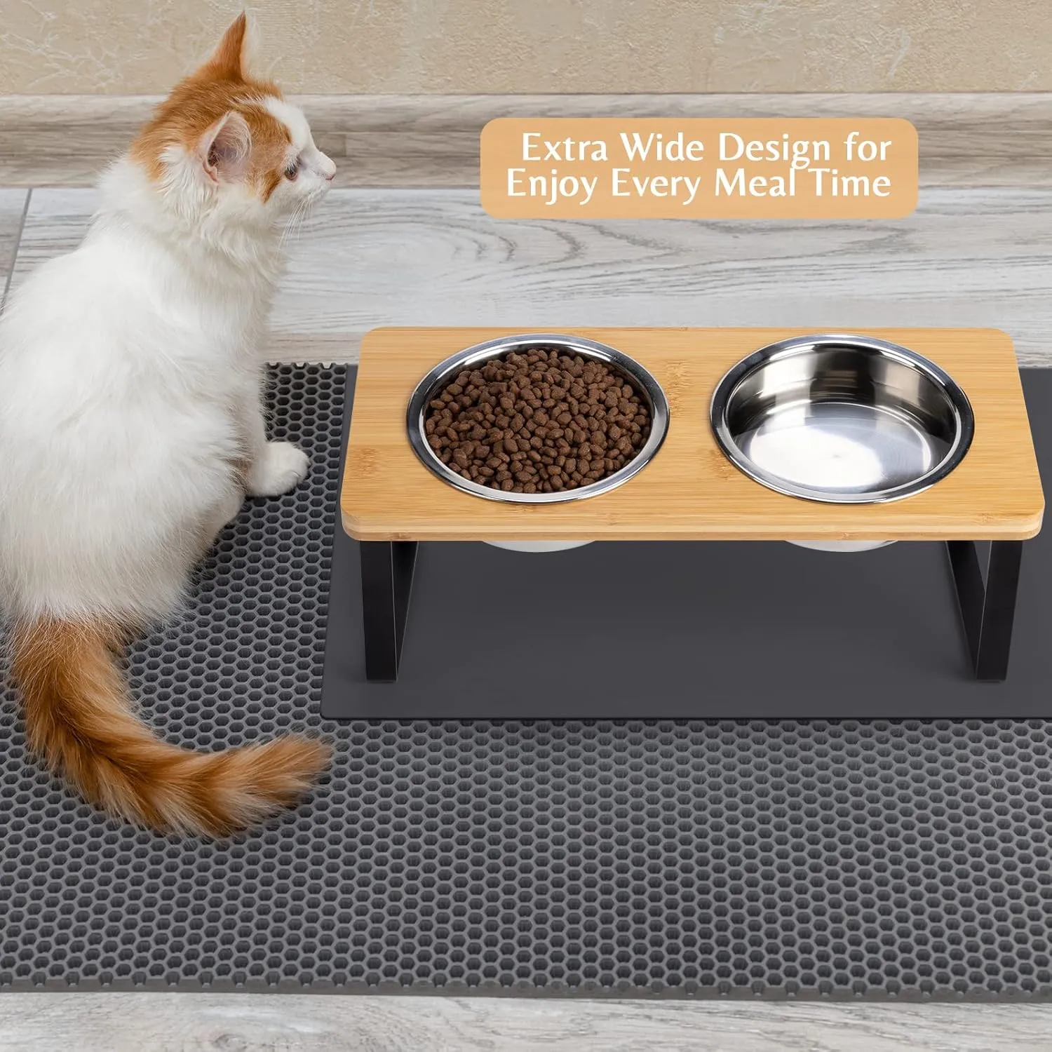 Elevated Cat Bowls for Food and Water - Loplurea 15 Tilted Raised Stainless Steel Cat Food Bowl with Bamboo Stand and Anti Vomit Feeding Station for Indoor Cats and Pet