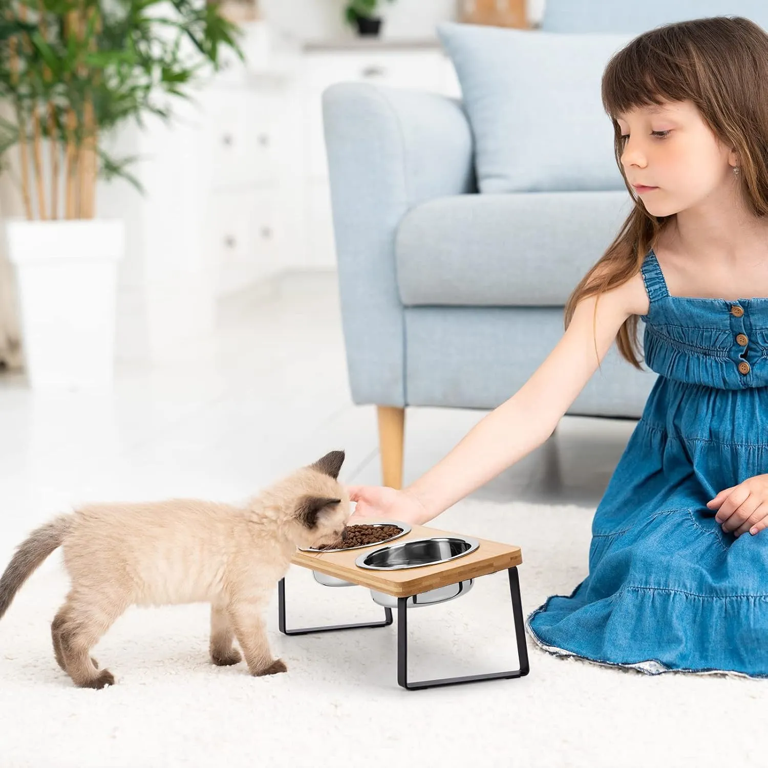 Elevated Cat Bowls for Food and Water - Loplurea 15 Tilted Raised Stainless Steel Cat Food Bowl with Bamboo Stand and Anti Vomit Feeding Station for Indoor Cats and Pet