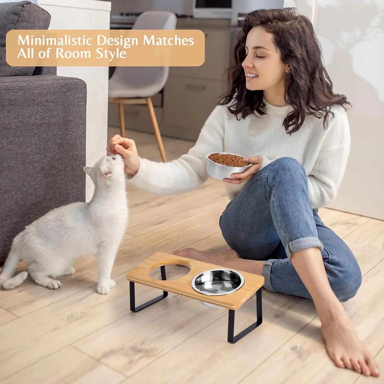 Elevated Cat Bowls for Food and Water - Loplurea 15 Tilted Raised Stainless Steel Cat Food Bowl with Bamboo Stand and Anti Vomit Feeding Station for Indoor Cats and Pet