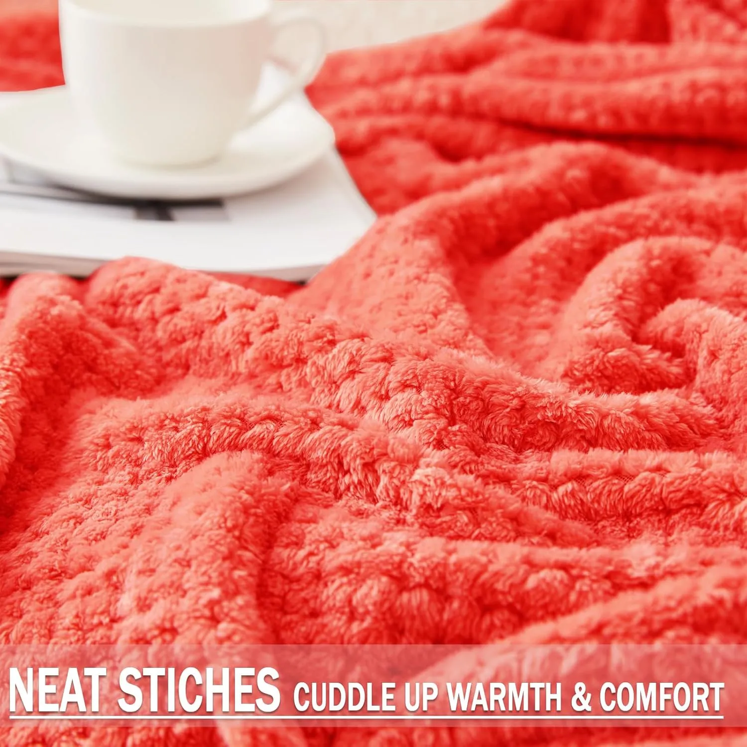 Exclusivo Mezcla Fleece Throw Blanket Extra Large, Super Soft and Warm Blankets for Couch, Sofa and Bed Waffle Textured, Cozy, Fuzzy and Lightweight (Coral Orange, 50x70 Inches)