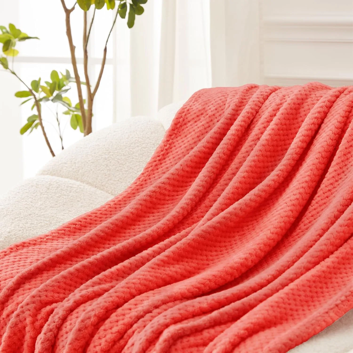 Exclusivo Mezcla Fleece Throw Blanket Extra Large, Super Soft and Warm Blankets for Couch, Sofa and Bed Waffle Textured, Cozy, Fuzzy and Lightweight (Coral Orange, 50x70 Inches)