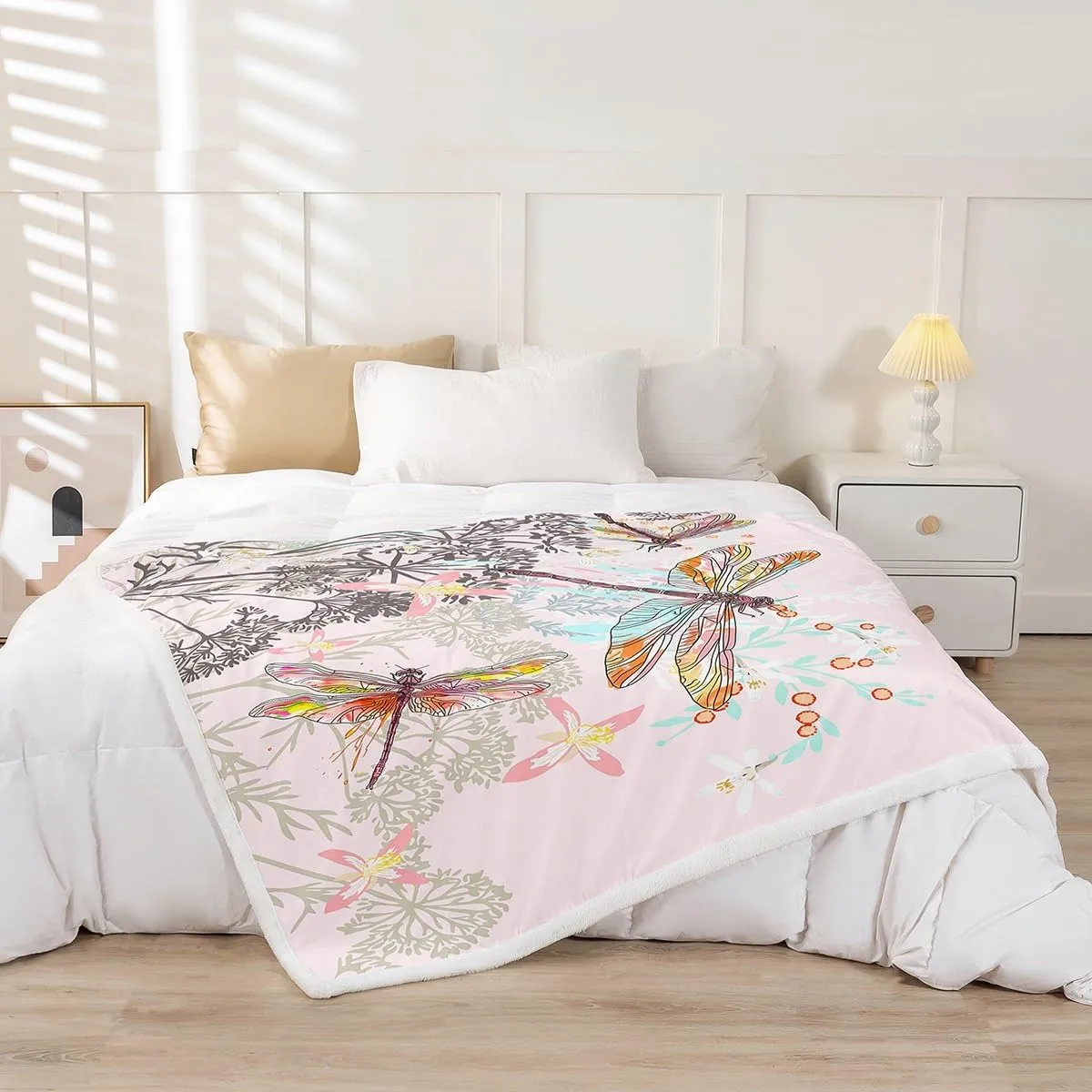 Feelyou Dragonfly Sherpa Blanket Twin 60x80 Inches Botanical Floral Fleece Throw Blanket for Kids Girls Teens Women Bedroom Decor Nature Animals Branches for Sofa Bed Couch Pink