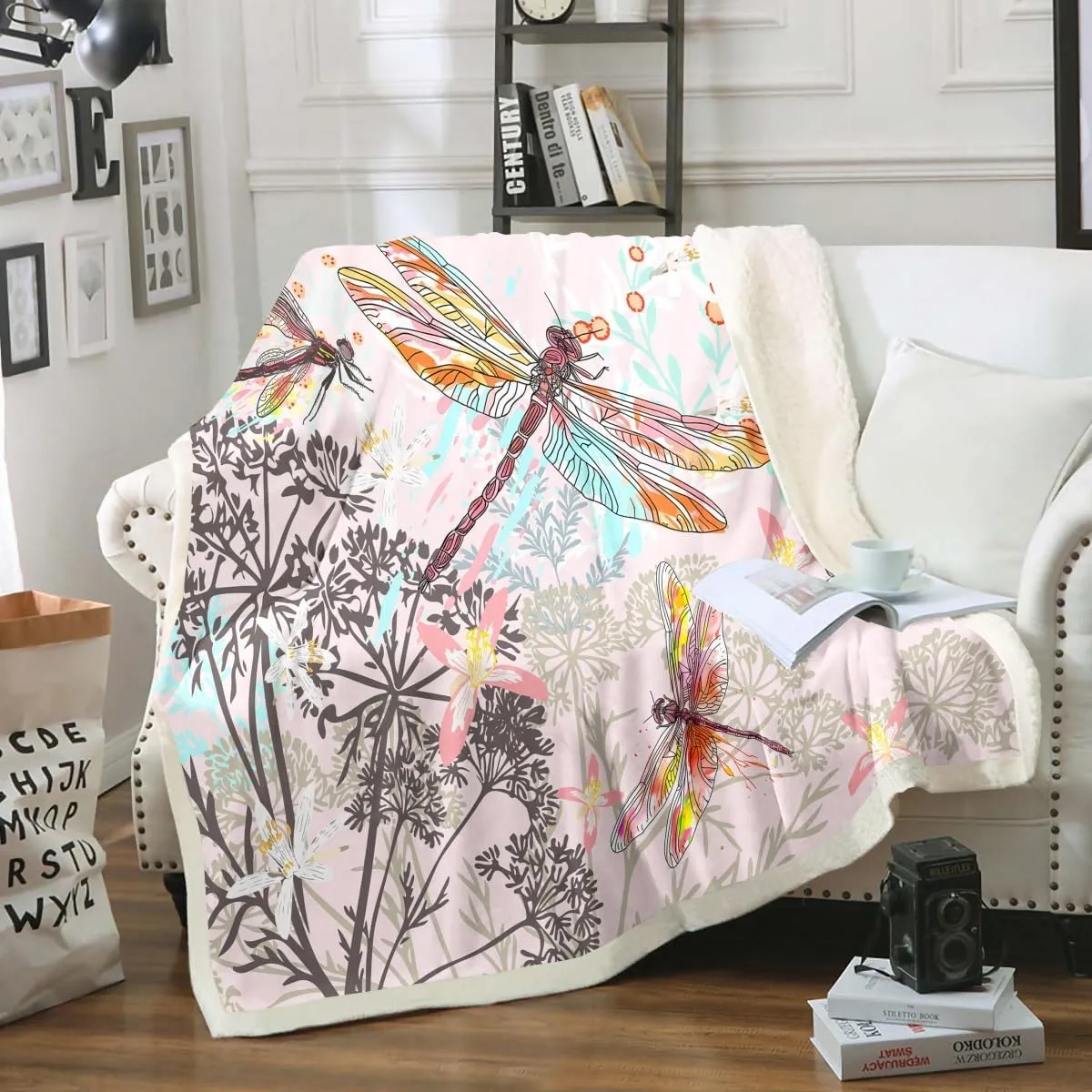 Feelyou Dragonfly Sherpa Blanket Twin 60x80 Inches Botanical Floral Fleece Throw Blanket for Kids Girls Teens Women Bedroom Decor Nature Animals Branches for Sofa Bed Couch Pink