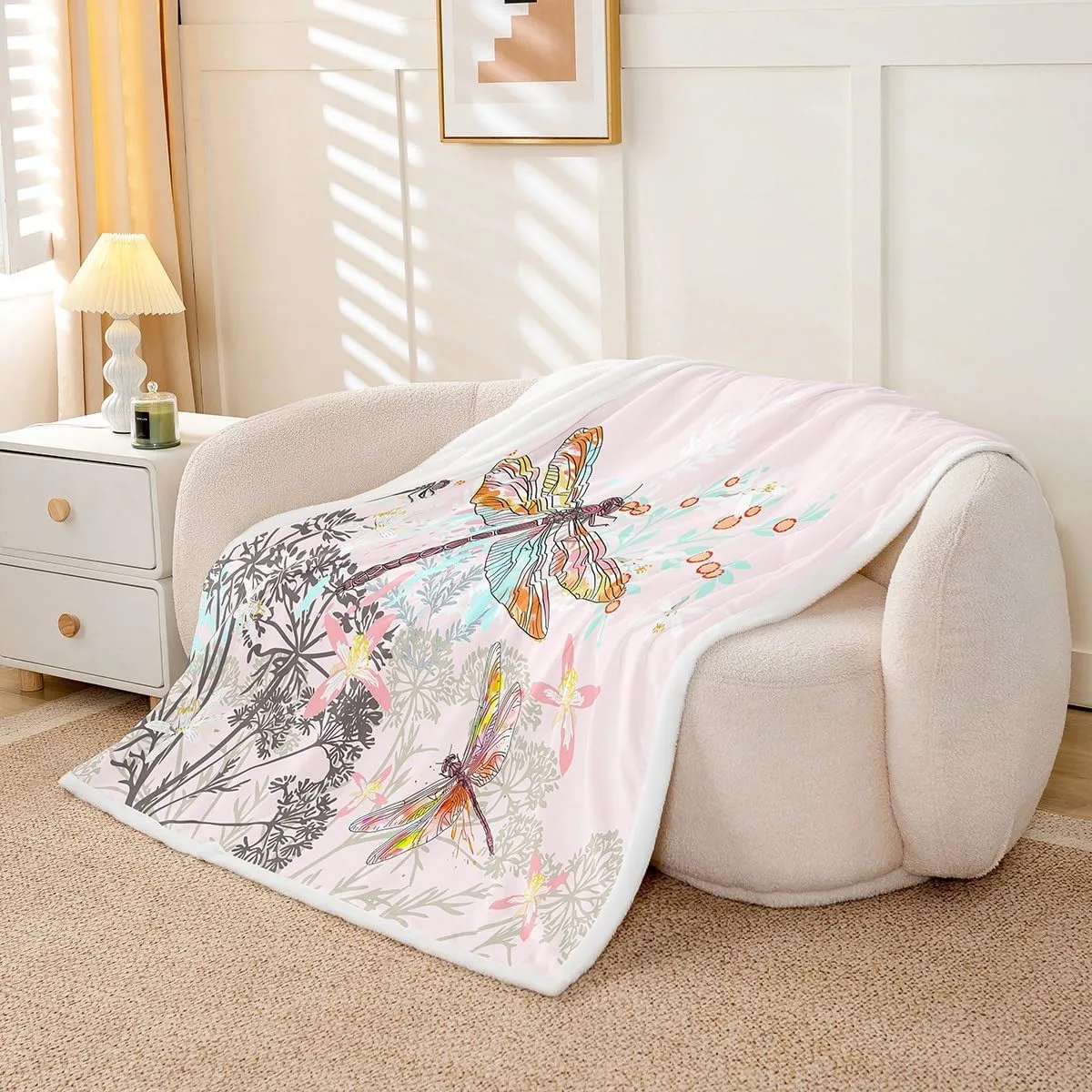 Feelyou Dragonfly Sherpa Blanket Twin 60x80 Inches Botanical Floral Fleece Throw Blanket for Kids Girls Teens Women Bedroom Decor Nature Animals Branches for Sofa Bed Couch Pink