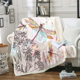 Feelyou Dragonfly Sherpa Blanket Twin 60x80 Inches Botanical Floral Fleece Throw Blanket for Kids Girls Teens Women Bedroom Decor Nature Animals Branches for Sofa Bed Couch Pink