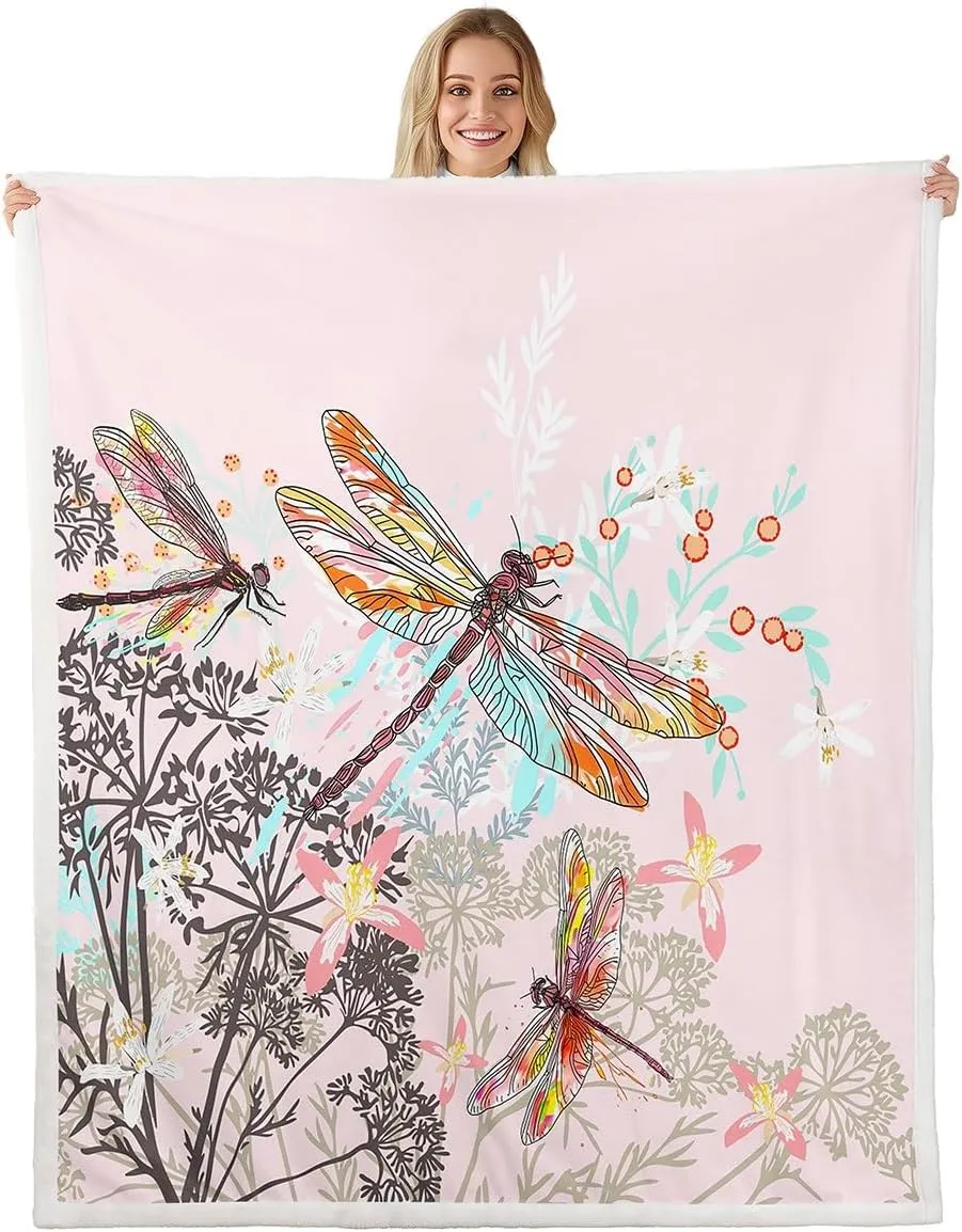 Feelyou Dragonfly Sherpa Blanket Twin 60x80 Inches Botanical Floral Fleece Throw Blanket for Kids Girls Teens Women Bedroom Decor Nature Animals Branches for Sofa Bed Couch Pink