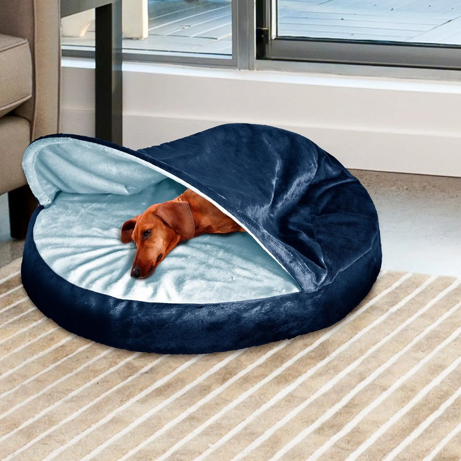Furhaven 26" Round Orthopedic Dog Bed for Medium/Small Dogs w/ Removable Washable Cover, For Dogs Up to 30 lbs - Microvelvet Snuggery - Navy (Blue), 26-inch