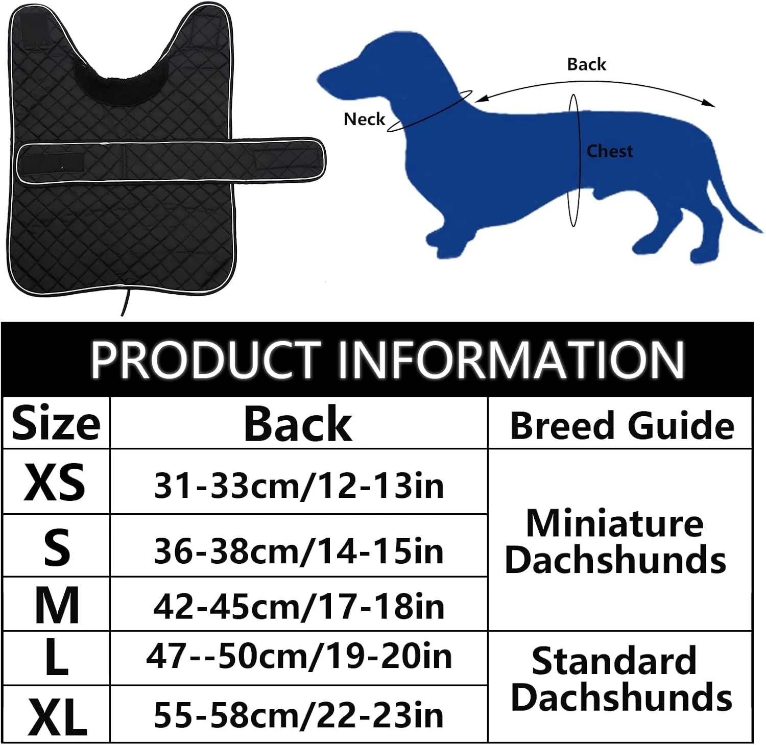 Geyecete Warm Thermal Quilted Dachshund Coat, Dog Winter Coat with Warm Fleece Lining, Outdoor Dog Apparel with Adjustable Bands for Medium, Large Dog-Black-M
