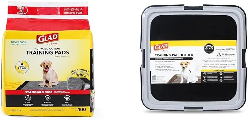 Glad for Pets Training Bundle: Black Charcoal Training Pads, 23" x 23", Pack of 100 & Training Pad Holder - Super Absorbent, Odor Neutralizing, Leak-Resistant Potty Pads with Secure Placement Tray