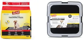 Glad for Pets Training Bundle: Black Charcoal Training Pads, 23" x 23", Pack of 100 & Training Pad Holder - Super Absorbent, Odor Neutralizing, Leak-Resistant Potty Pads with Secure Placement Tray