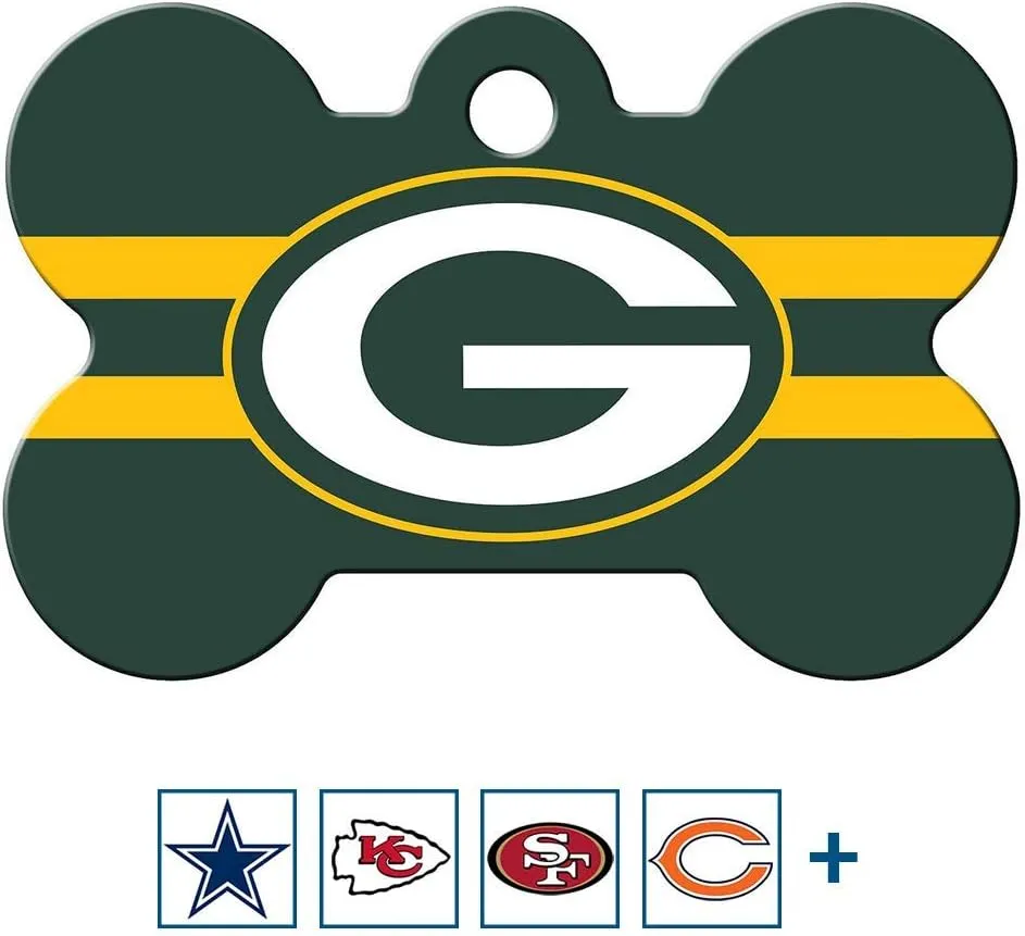 GoTags Personalized Green Bay Packers Dog Tag, Brass Metal Bone Shape Pet ID Tag Engraved with Name and Custom Text, Every NFL Football Team Pet Apparel (Large)