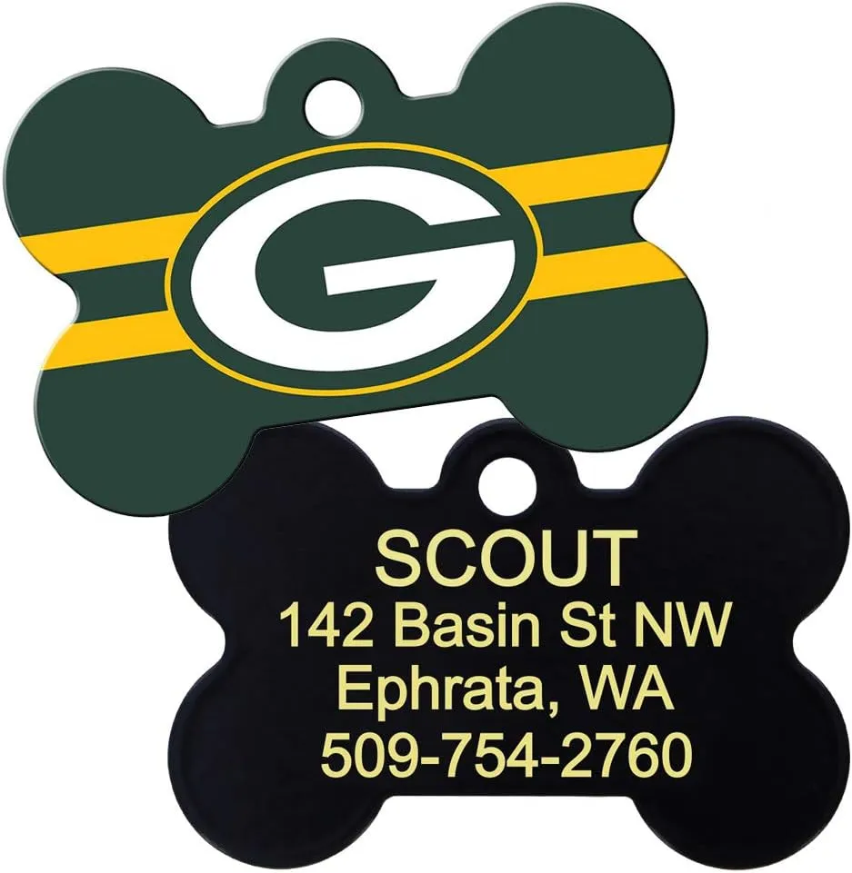 GoTags Personalized Green Bay Packers Dog Tag, Brass Metal Bone Shape Pet ID Tag Engraved with Name and Custom Text, Every NFL Football Team Pet Apparel (Large)