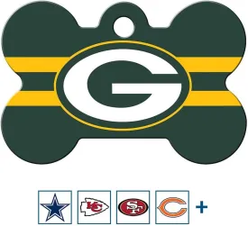 GoTags Personalized Green Bay Packers Dog Tag, Brass Metal Bone Shape Pet ID Tag Engraved with Name and Custom Text, Every NFL Football Team Pet Apparel (Large)