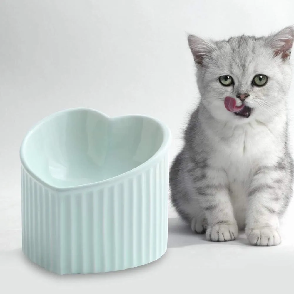 Green Ceramic Raised Cat Bowls, Tilted Elevated Food or Water Bowls, Stress Free, Backflow Prevention, Dishwasher and Microwave Safe, Lead & Cadmium Free