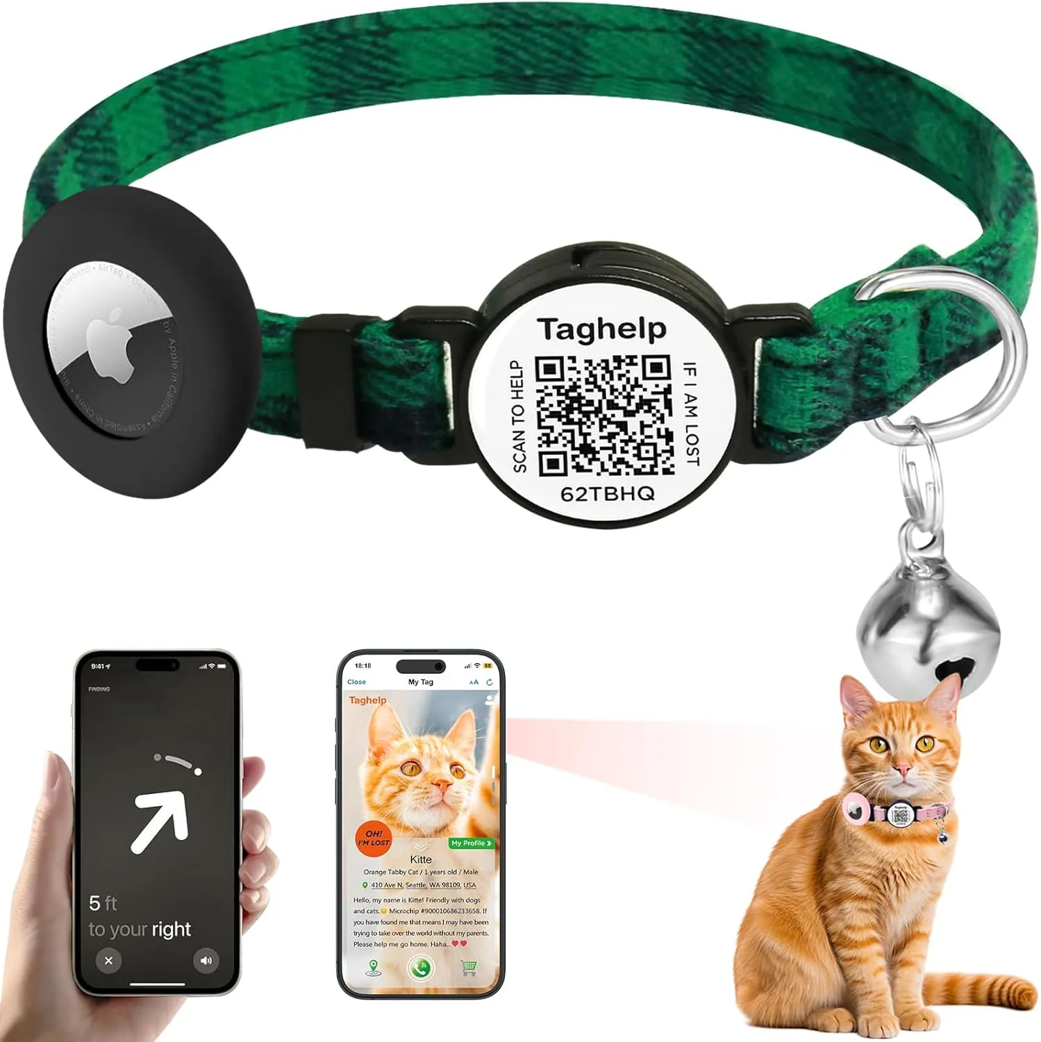 Grid Cloth Breakaway Cat Collar with Smart ID tag with AirTag Holder and Bell, Light, Adjustable,AirTag, Integrated Air Tag Cat Collar for Apple.Tracker for Girl Boy Cats Kittens (Green)
