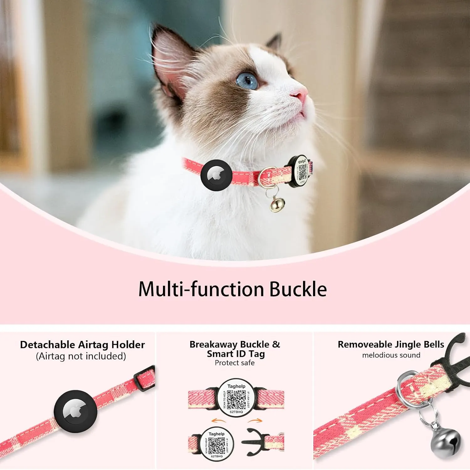 Grid Cloth Breakaway Cat Collar with Smart ID tag with AirTag Holder and Bell, Light, Adjustable,AirTag, Integrated Air Tag Cat Collar for Apple.Tracker for Girl Boy Cats Kittens (Green)