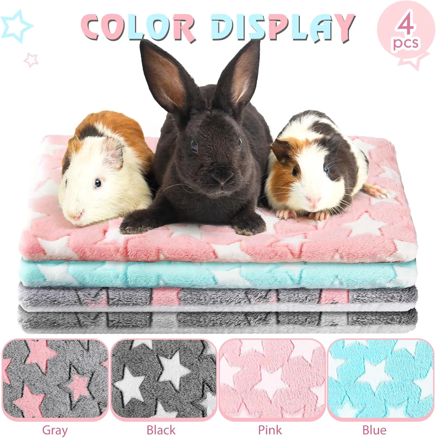Haull 4 Pcs Waterproof Guinea Pig Bedding Winter Guinea Pig Plush Cage Liners Soft Dog Cat Bed Mat Reversible Cozy Animal Pee Pad Hamster Bed Mat Washable for Bunny (Cute Star,13 x 10 Inch)