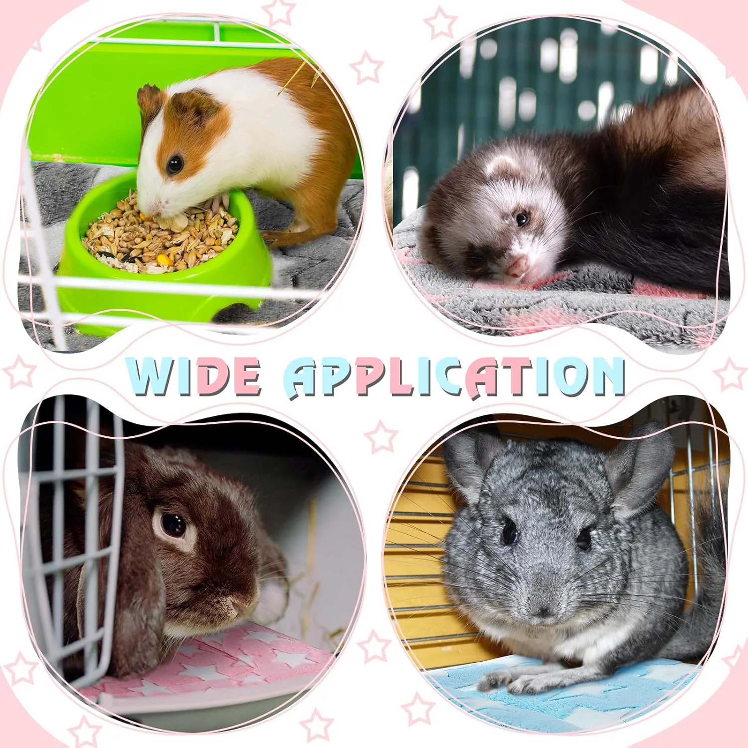 Haull 4 Pcs Waterproof Guinea Pig Bedding Winter Guinea Pig Plush Cage Liners Soft Dog Cat Bed Mat Reversible Cozy Animal Pee Pad Hamster Bed Mat Washable for Bunny (Cute Star,13 x 10 Inch)