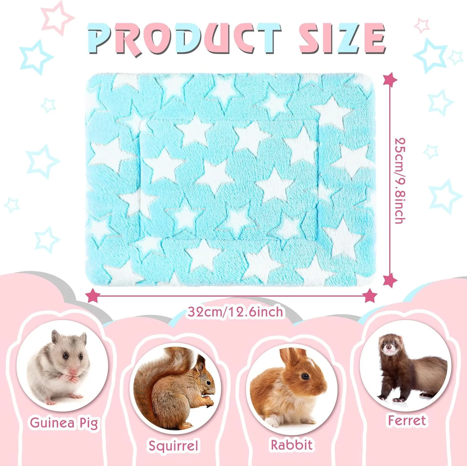 Haull 4 Pcs Waterproof Guinea Pig Bedding Winter Guinea Pig Plush Cage Liners Soft Dog Cat Bed Mat Reversible Cozy Animal Pee Pad Hamster Bed Mat Washable for Bunny (Cute Star,13 x 10 Inch)