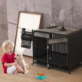 Heavy Duty Dog Crate Furniture 32 inch Pet Cage Kennel Wood Table Top 4 Locks Wheels Removable Trays Escape-Proof Side End Table TV Stand Elegant Vitange Retro Medium Small Dogs (Grey)