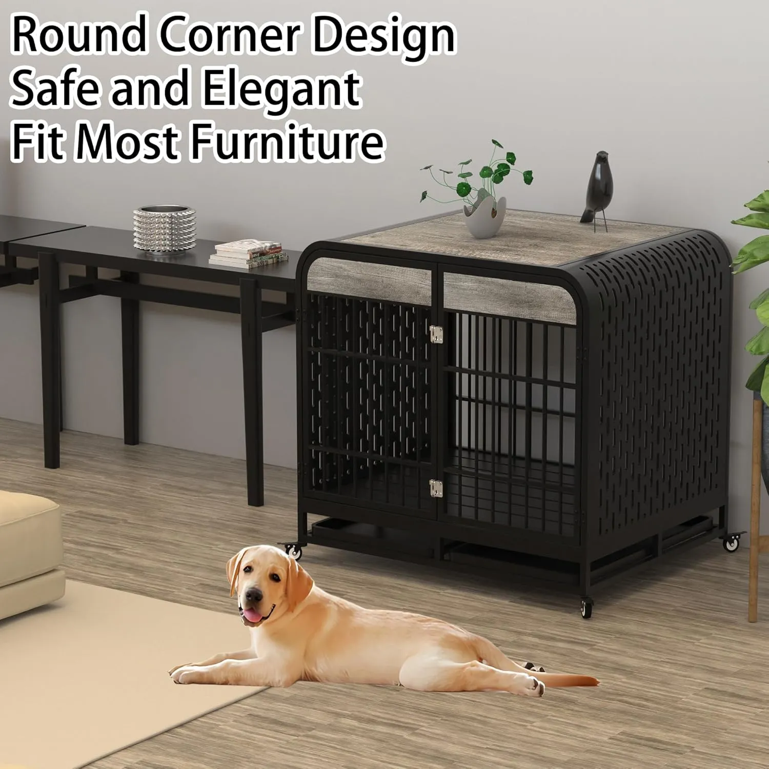 Heavy Duty Dog Crate Furniture 32 inch Pet Cage Kennel Wood Table Top 4 Locks Wheels Removable Trays Escape-Proof Side End Table TV Stand Elegant Vitange Retro Medium Small Dogs (Grey)